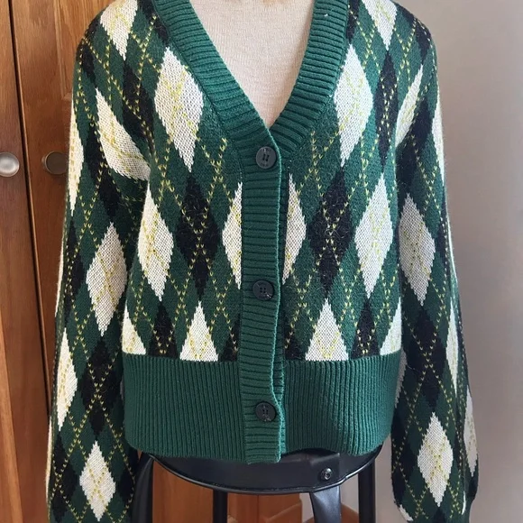 STAUD Green and Cream Argyle Cardigan Set - Picture 4 of 6